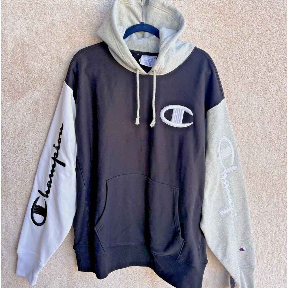 Champion Reverse Weave Hoodie Mens XL Script Logo Colorblock Pullover Black NWT